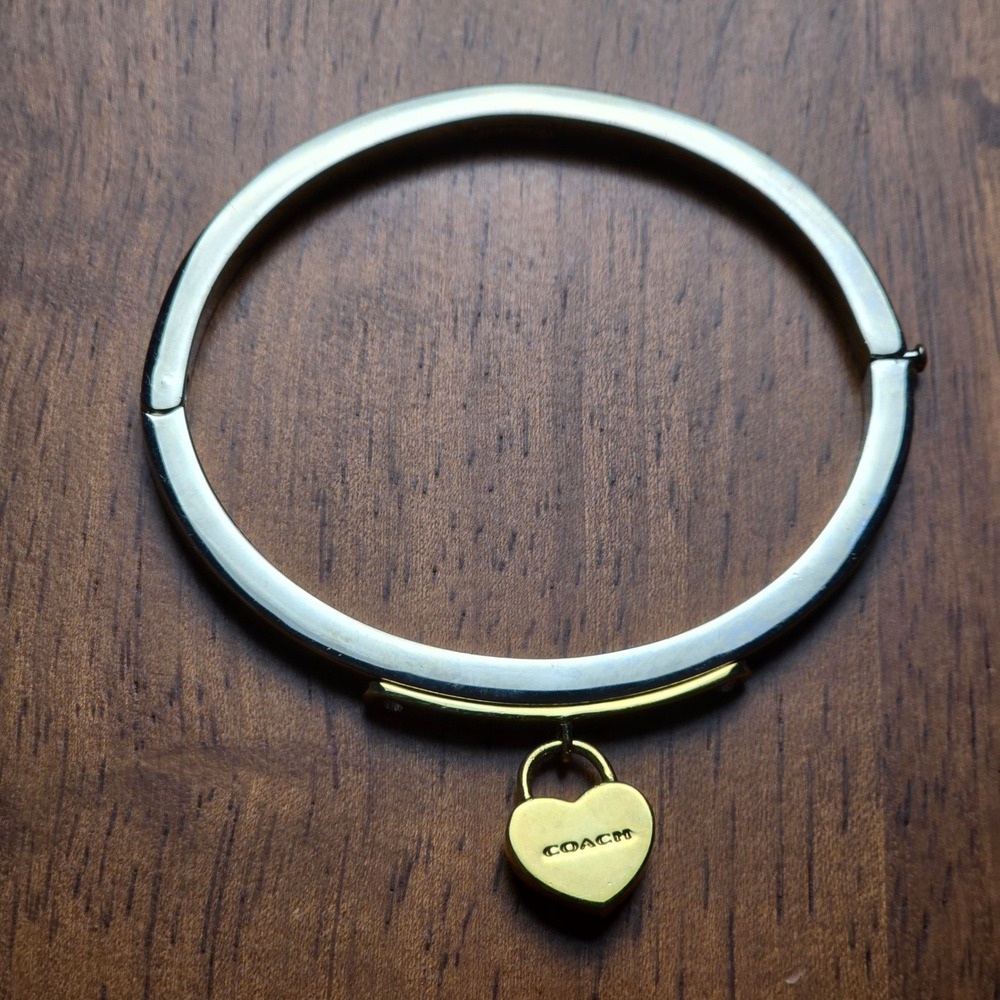 Coach Two Tone Silver Gold Heart Padlock Charm Hinged Bangle Bracelet Crystal